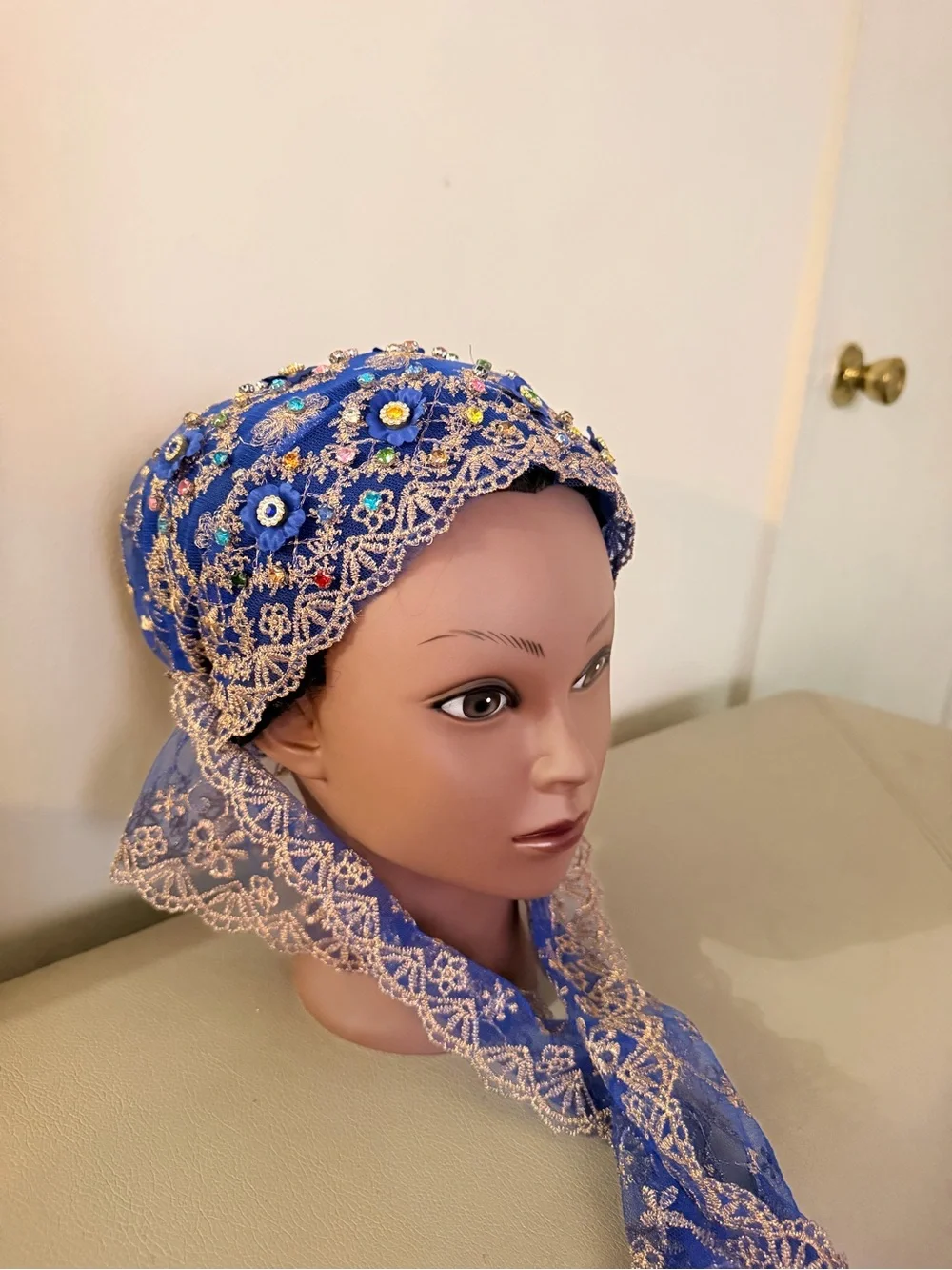 Blue Embellished Lace Scarf Headwrap